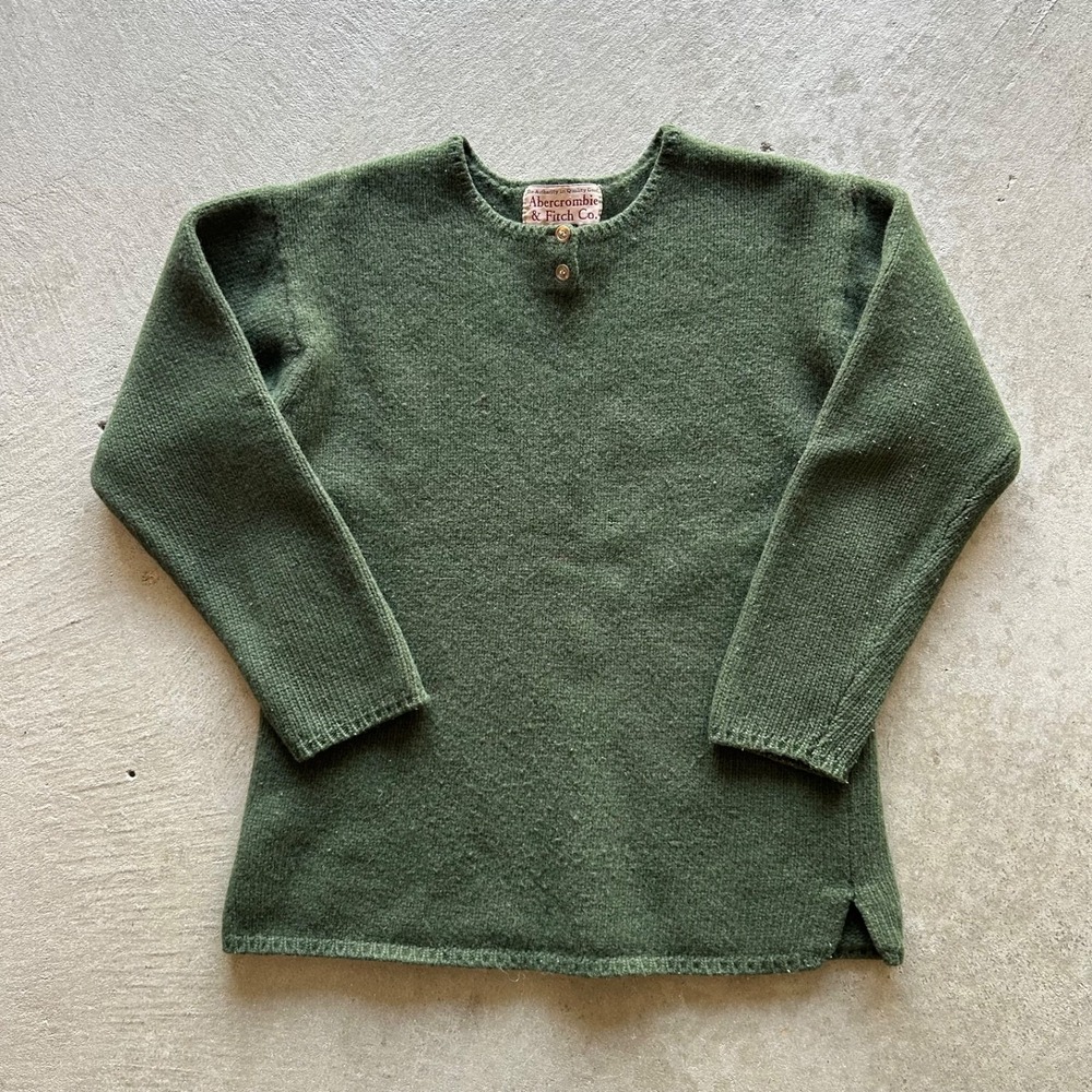 Vintage 90s Abercrombie & Fitch Henley Sweater Size Medium Green Wool Pullover